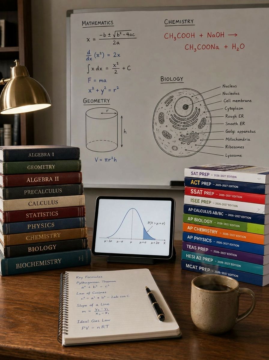 Professional classroom whiteboard with mathematics, chemistry, and biology alongside stacked subject books, tablet, notebook, and coffee mug